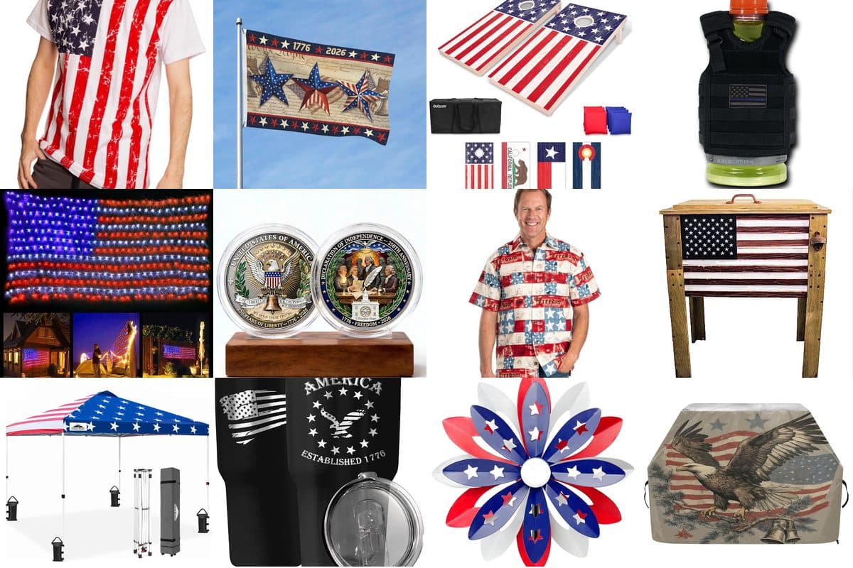 4th of July patriotic gifts and party gear including flags, tumblers, cornhole, and apparel