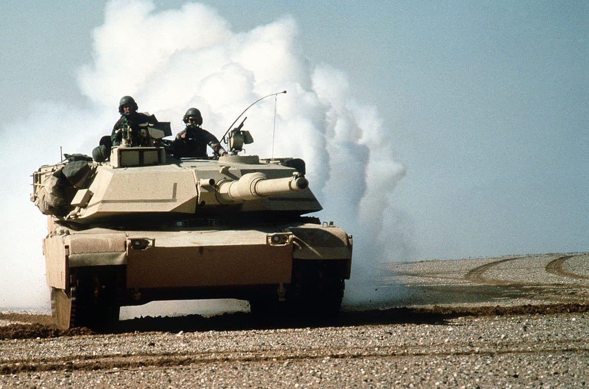 M1A1 Abrams tank advancing through the desert during Operation Desert Storm in 1991