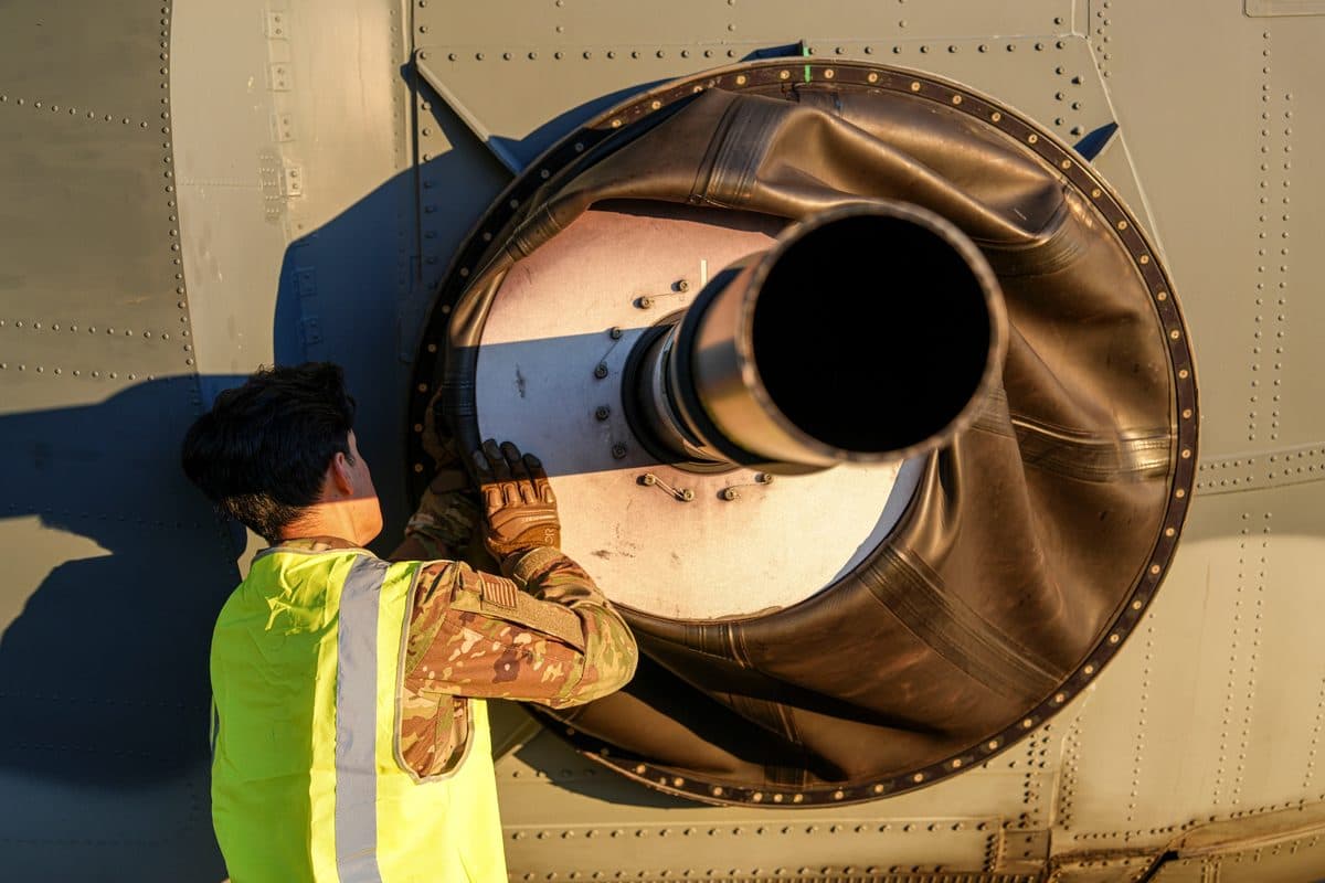 AC-130J Ghostrider gunship in flight during live-fire training exercise