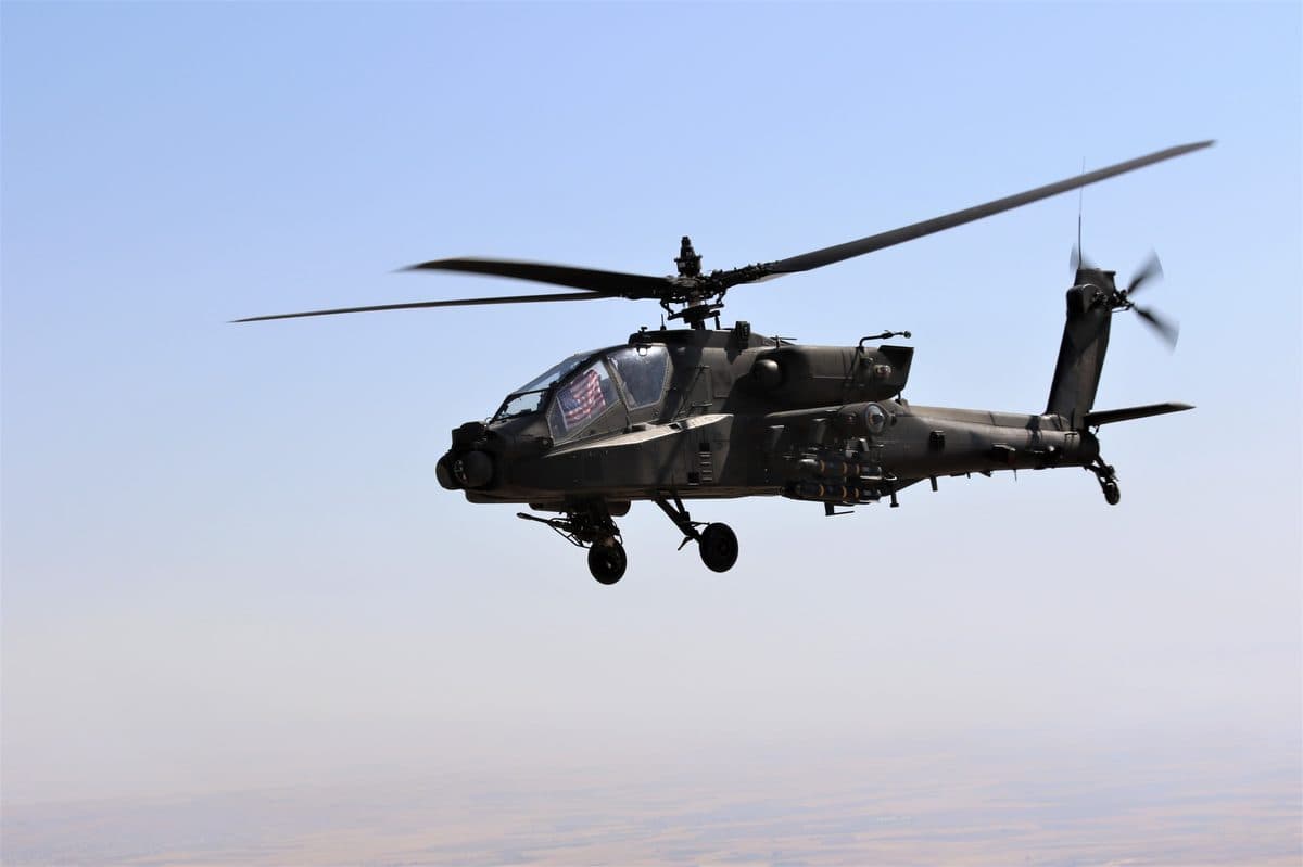 AH-64 Apache attack helicopter from Task Force Wolfpack flying over northern Iraq during combat operations