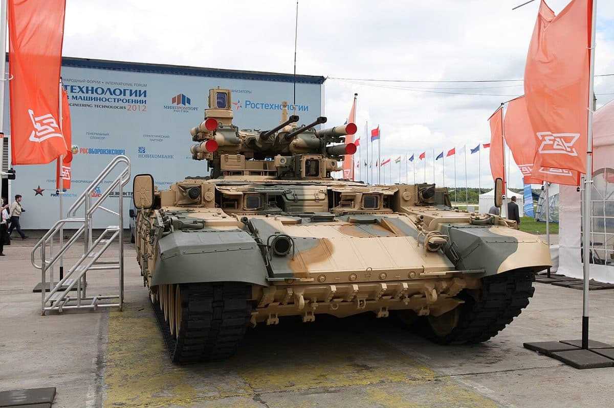 Russian BMP-T Terminator tank support vehicle on display at military exhibition showing twin autocannon turret
