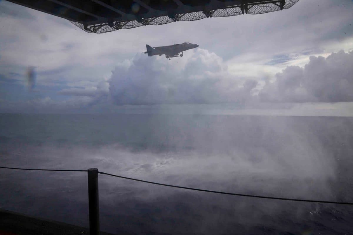 AV-8B Harrier II hovering during flight operations