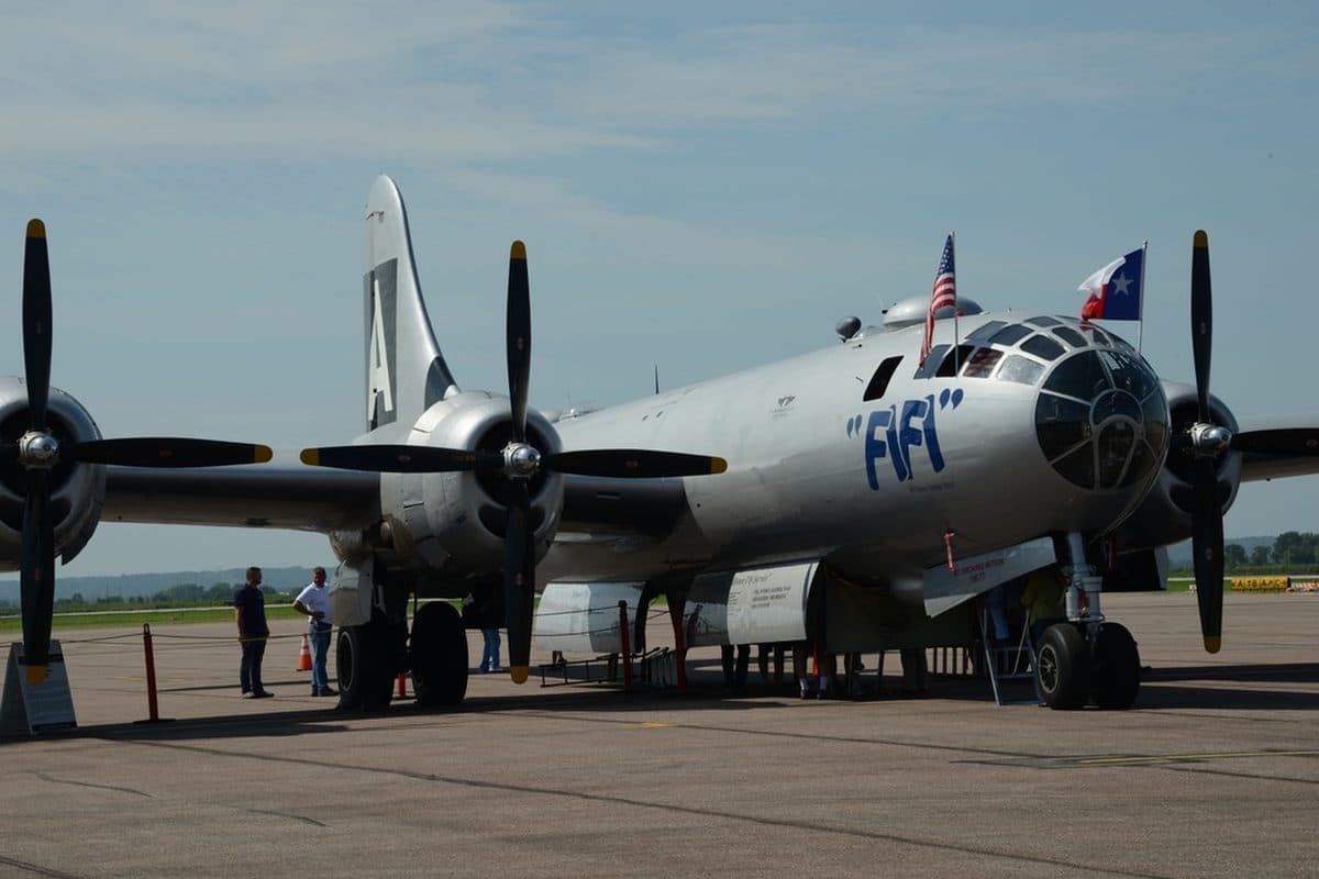 B-29 Superfortress bomber on the runway preparing for a mission