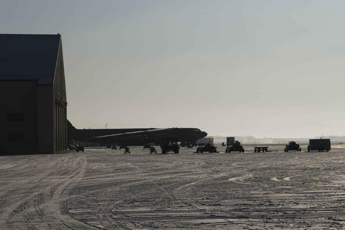 B-52 Stratofortress strategic bomber taking off from an Air Force base