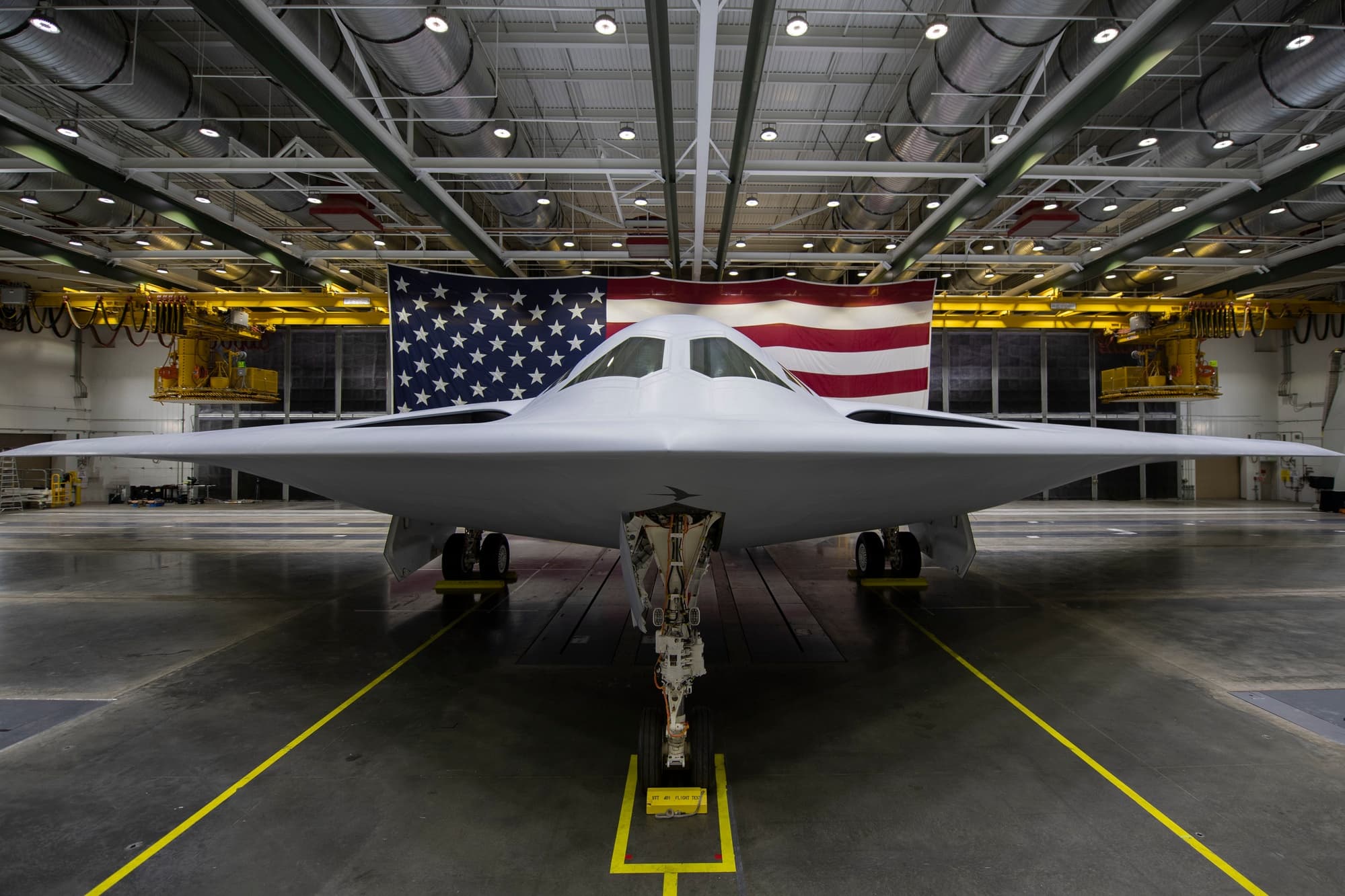 B-21 Raider stealth bomber in flight over the Mojave Desert during a test sortie from Edwards Air Force Base