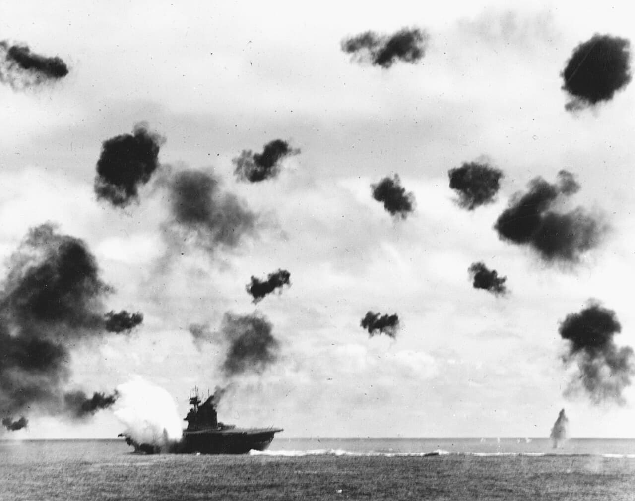 SBD Dauntless dive bombers flying over the Pacific during the Battle of Midway in June 1942