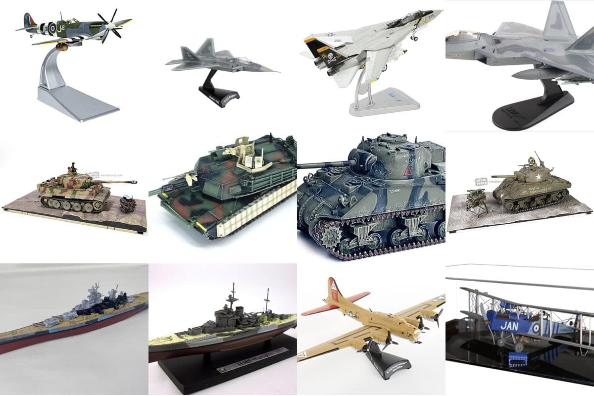 Collection of diecast military models including aircraft, tanks, and ships