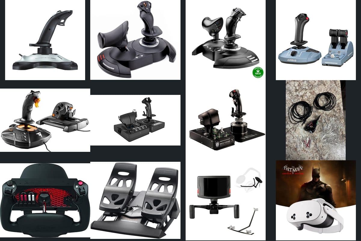 Flight simulator gear including HOTAS stick and throttle, rudder pedals, and VR headset