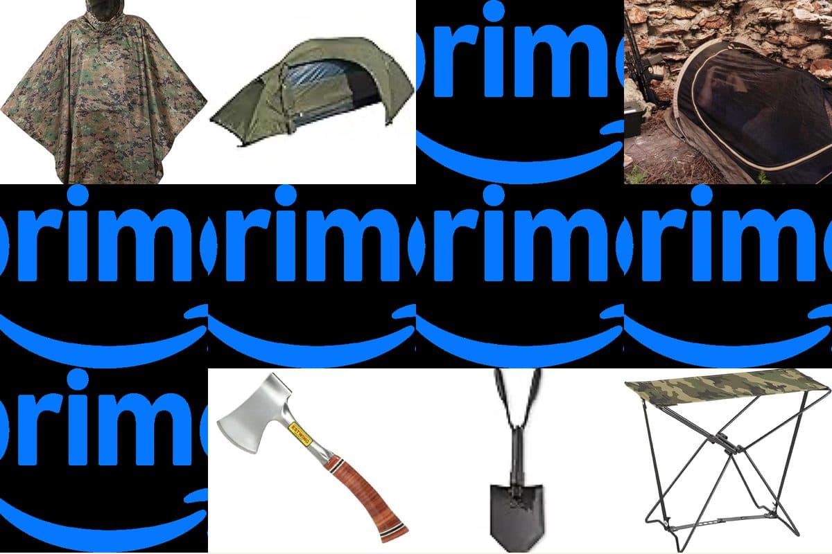 Military camping gear including tactical tent, woobie blanket, mess kit, and entrenching tool
