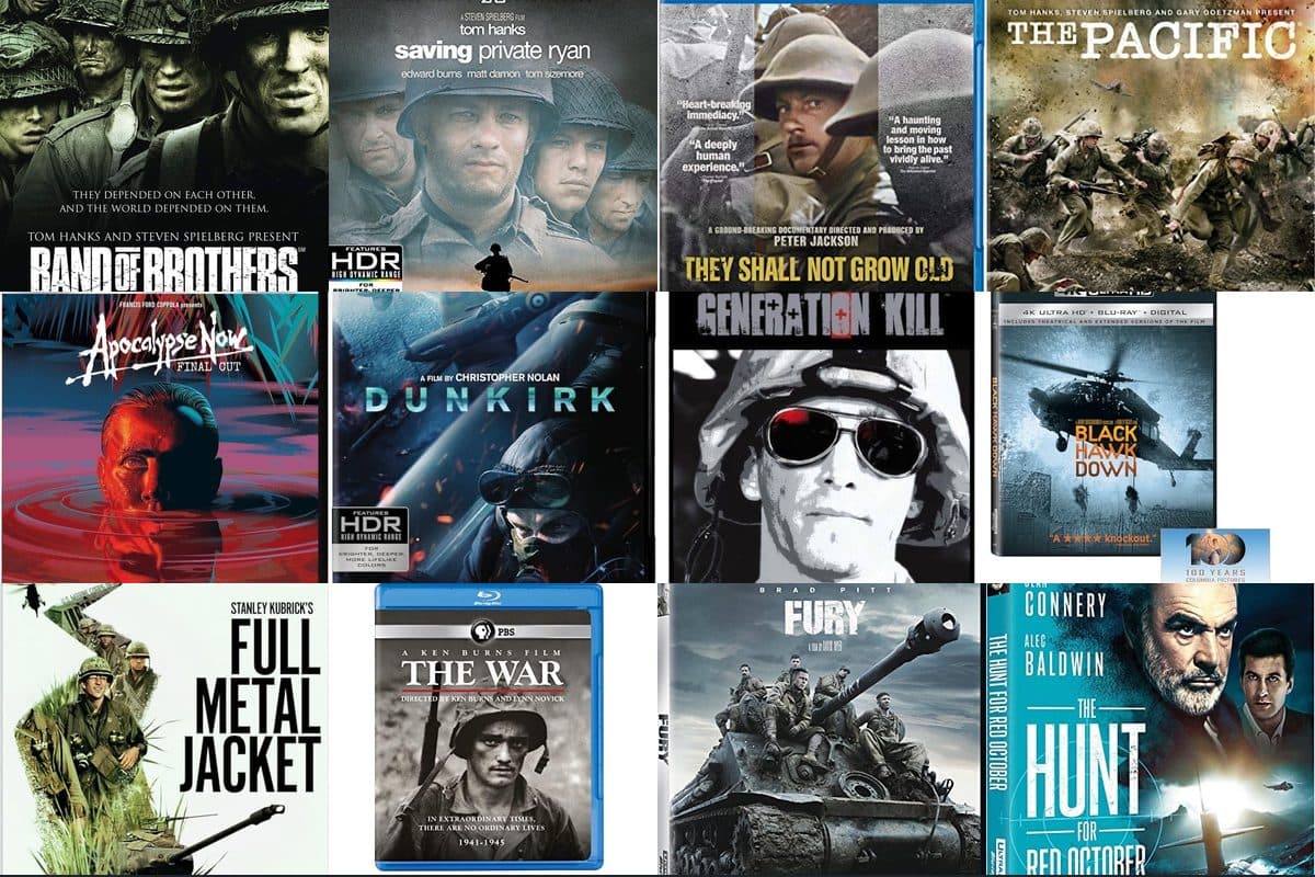 Collection of military documentary and war film Blu-ray cases
