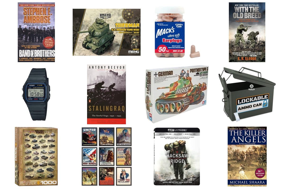 Budget military gifts under 25 dollars including books, model kits, and patches