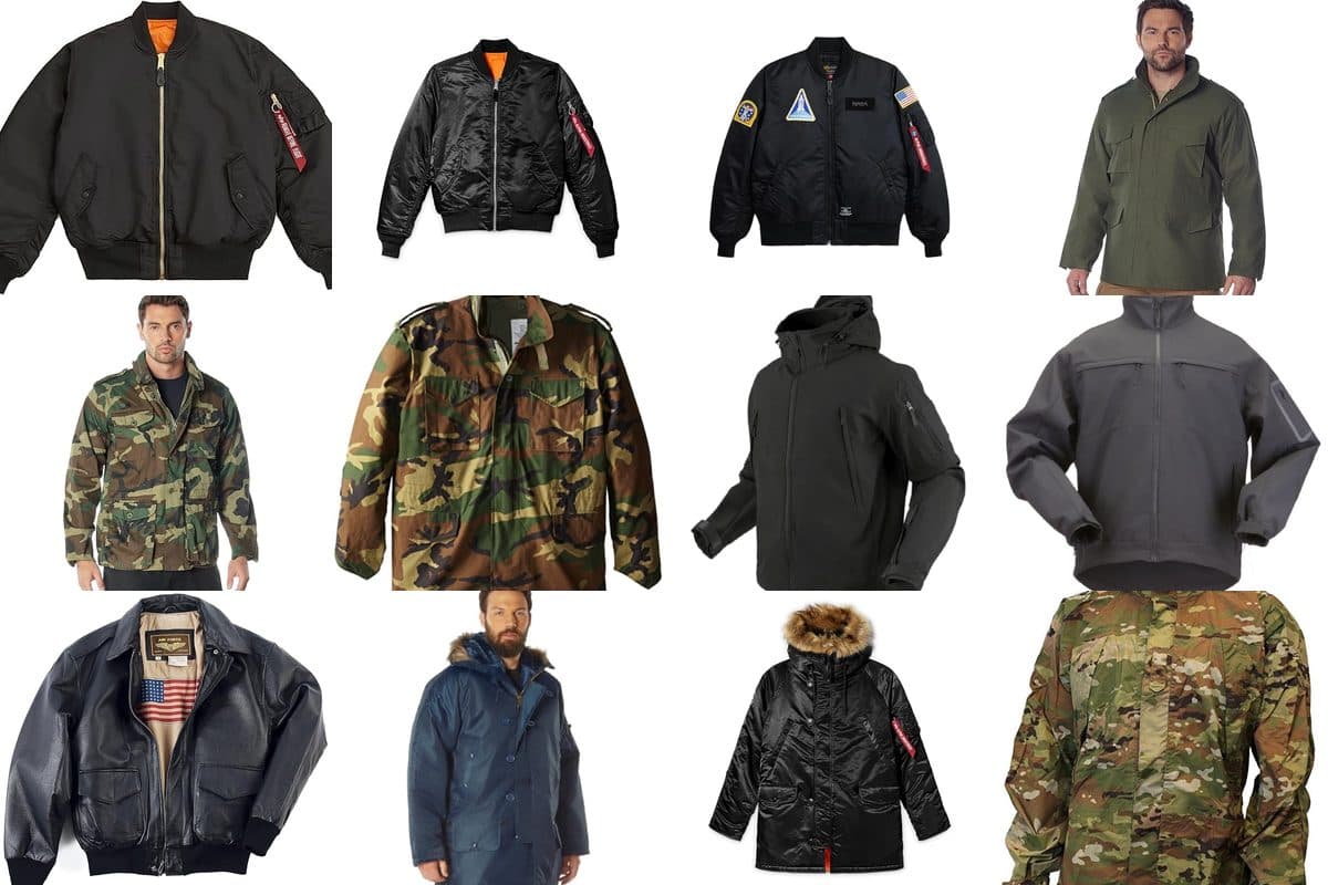 Collection of military jackets including MA-1 bomber, M-65 field jacket, and tactical softshell