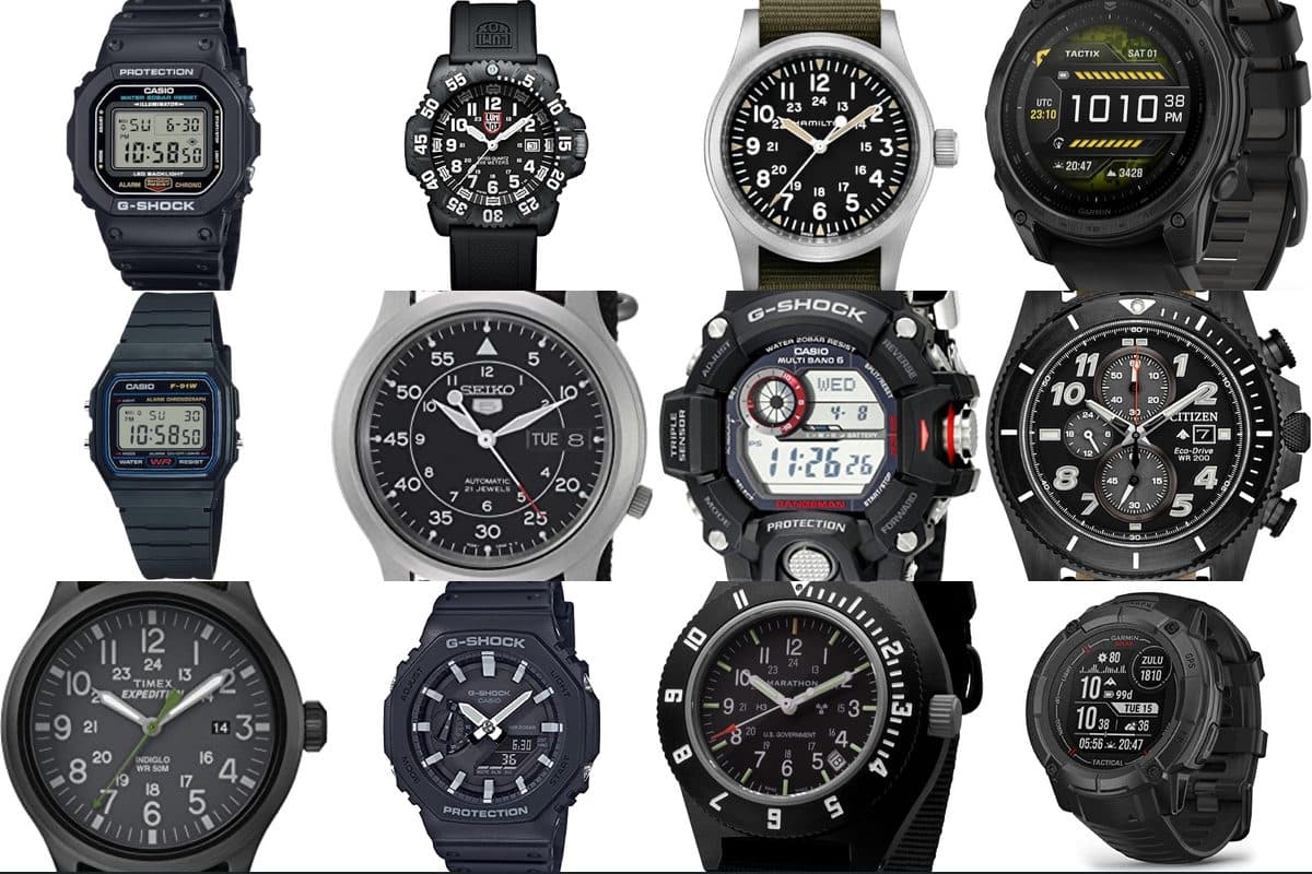 Collection of military watches including Casio G-Shock, Hamilton Khaki Field, and Garmin Tactix