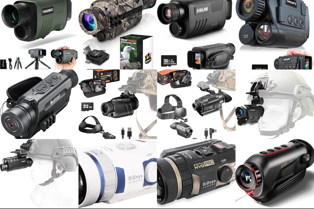Collection of night vision monoculars including digital, thermal, and helmet-mountable models