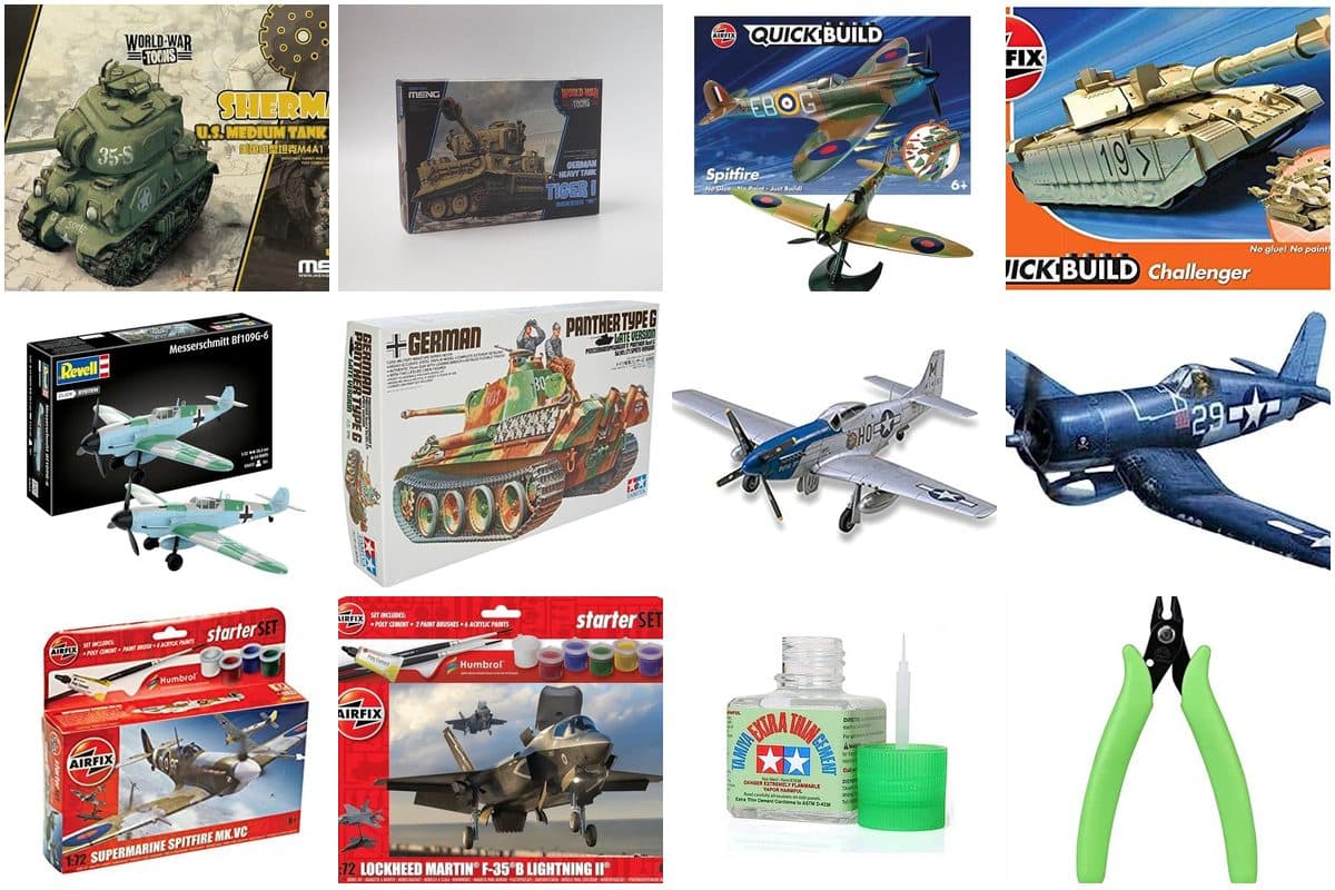 Beginner model kits including Airfix Quick Build Spitfire and Meng World War Toons Sherman