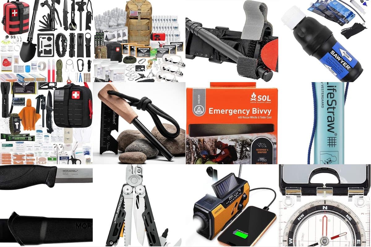 Survival gear kit with first aid supplies, fire starter, water filter, and emergency radio