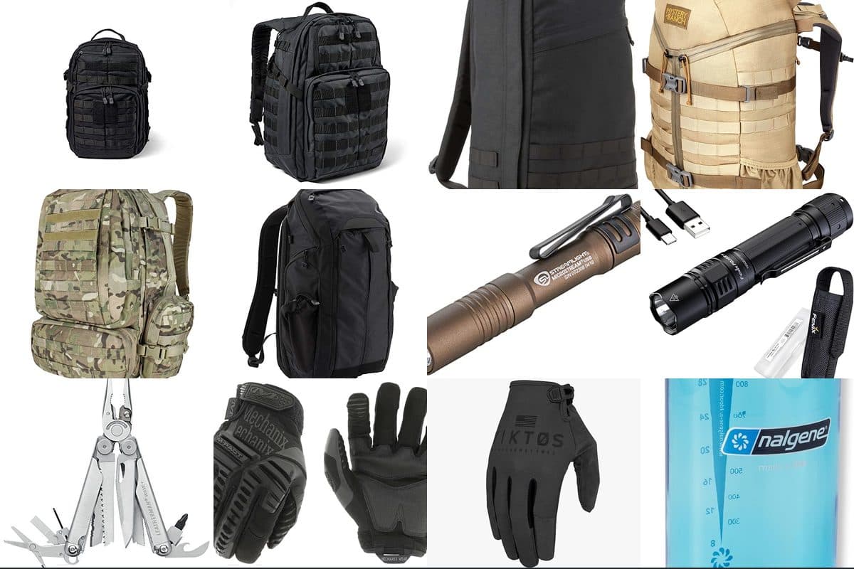 Tactical backpacks and EDC gear including 5.11 RUSH12, Leatherman Wave, and Streamlight flashlight