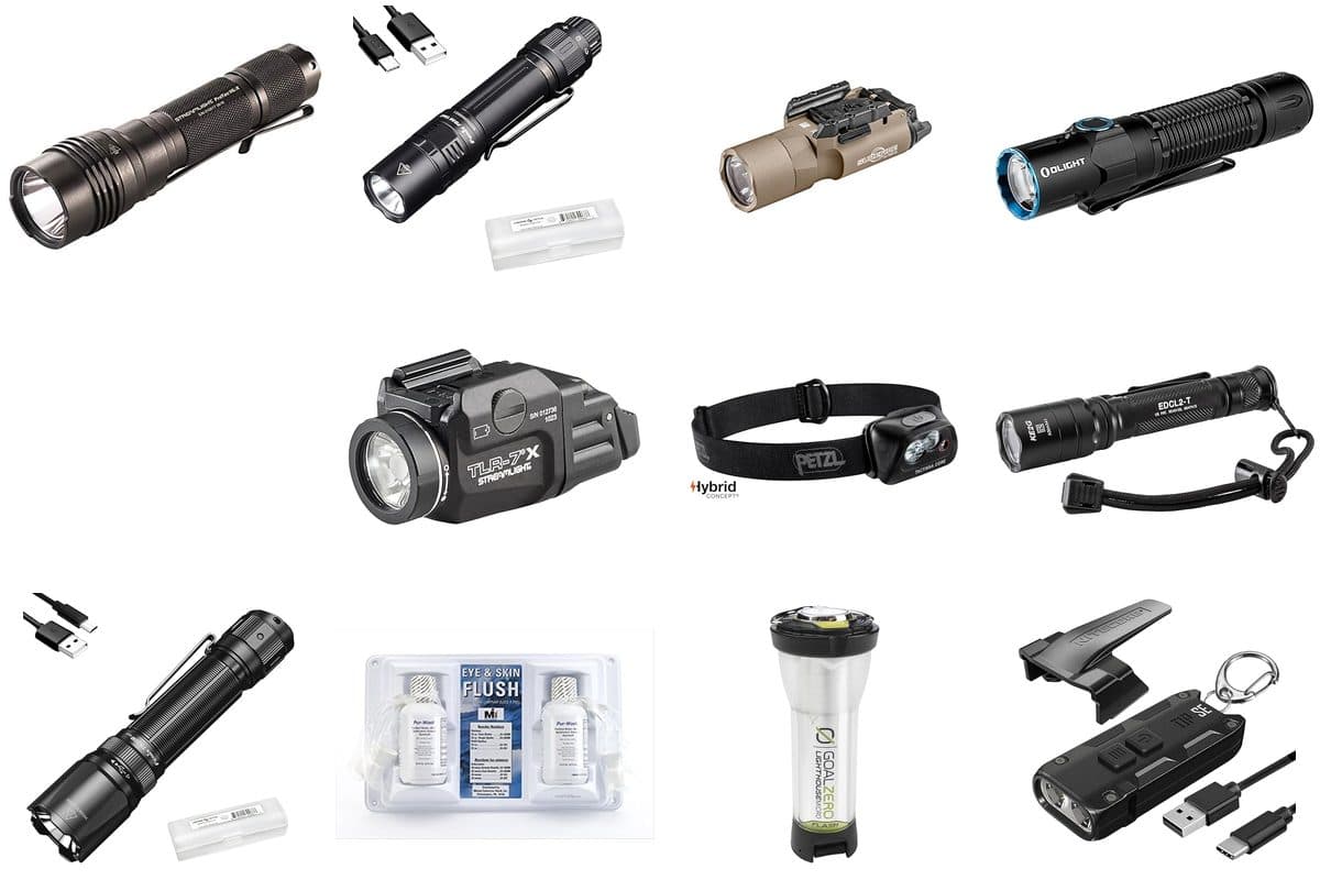 Collection of tactical flashlights including Streamlight, SureFire, Fenix, and headlamps