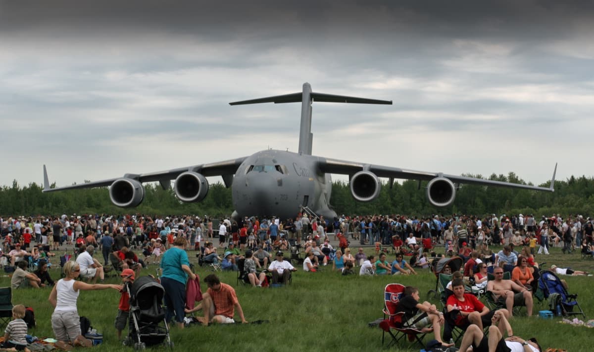 C-17 Globemaster III in flight during a sortie mission showing its massive wingspan and four turbofan engines