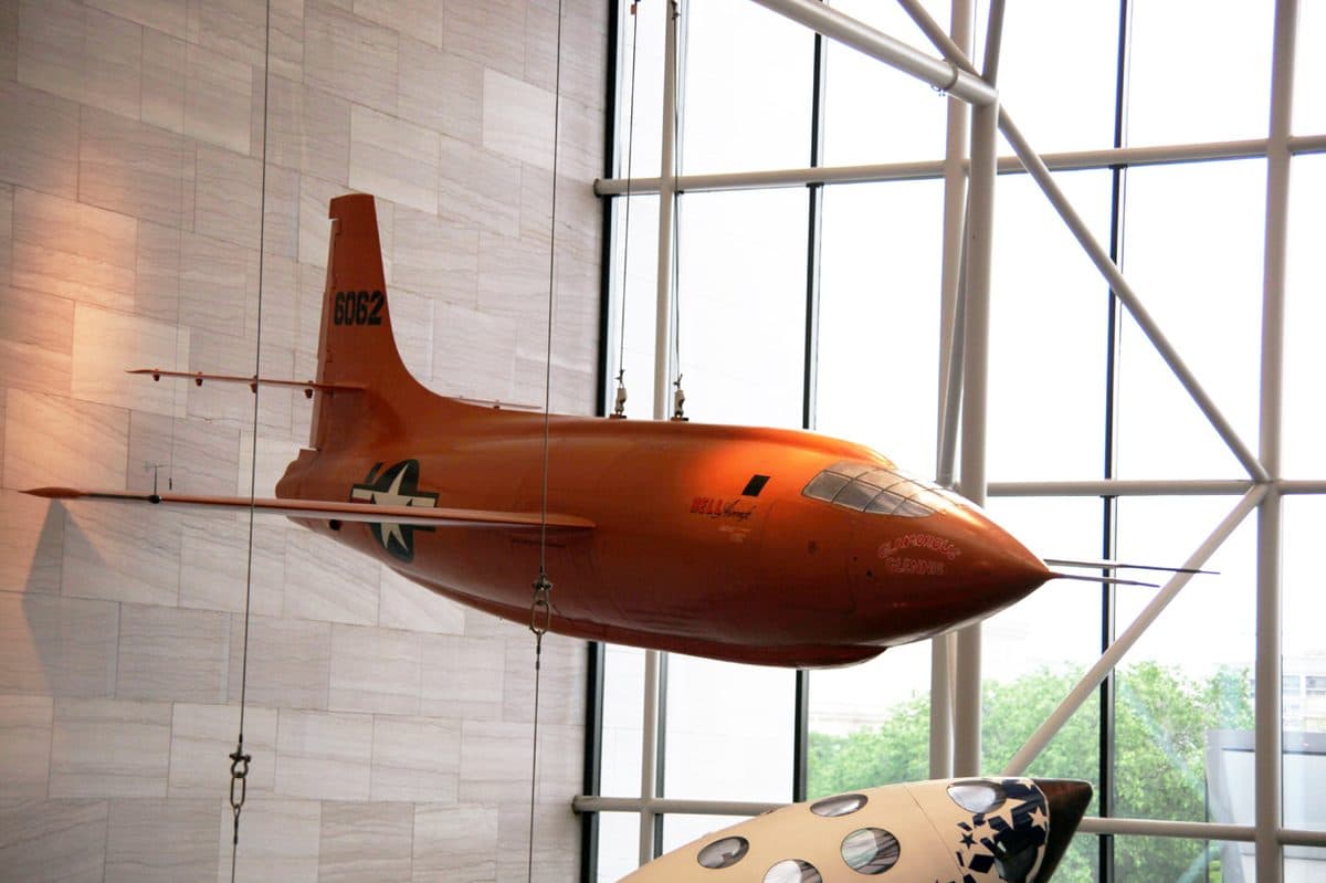 Bell X-1 Glamorous Glennis rocket-powered research aircraft in flight over the Mojave Desert