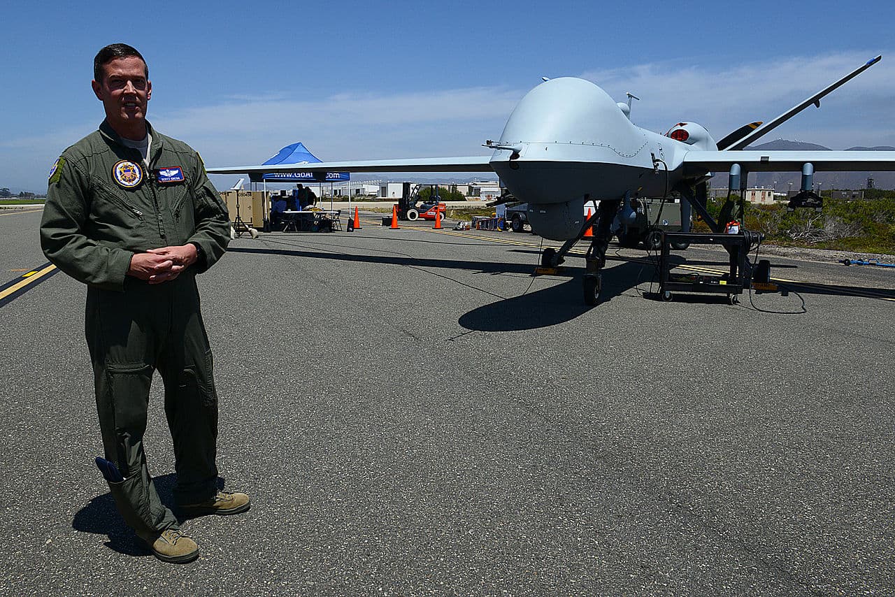 Military counter-drone system scanning the sky with radar and electronic warfare equipment