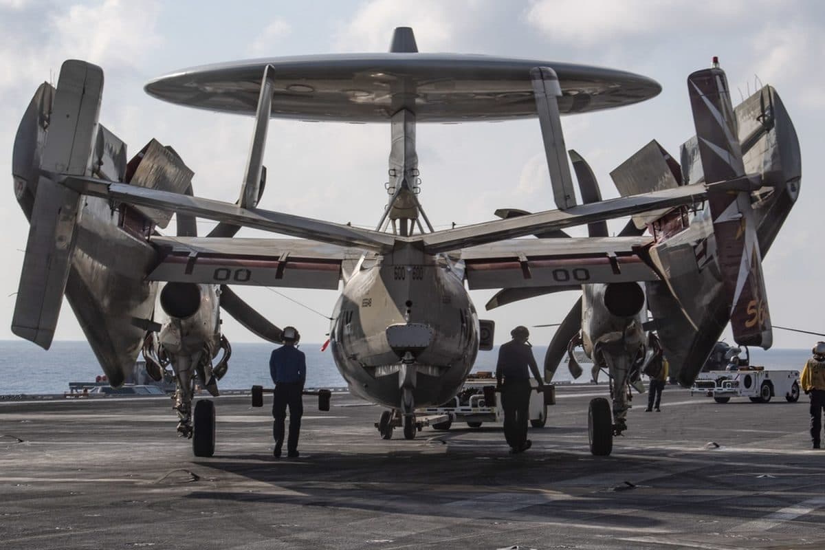E-2 Hawkeye airborne early warning aircraft launching from a carrier