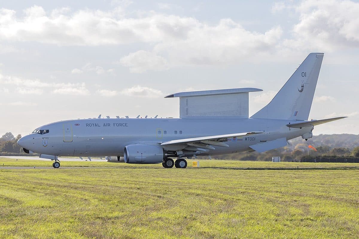 RAF E-7 Wedgetail airborne early warning and control aircraft at Birmingham Airport