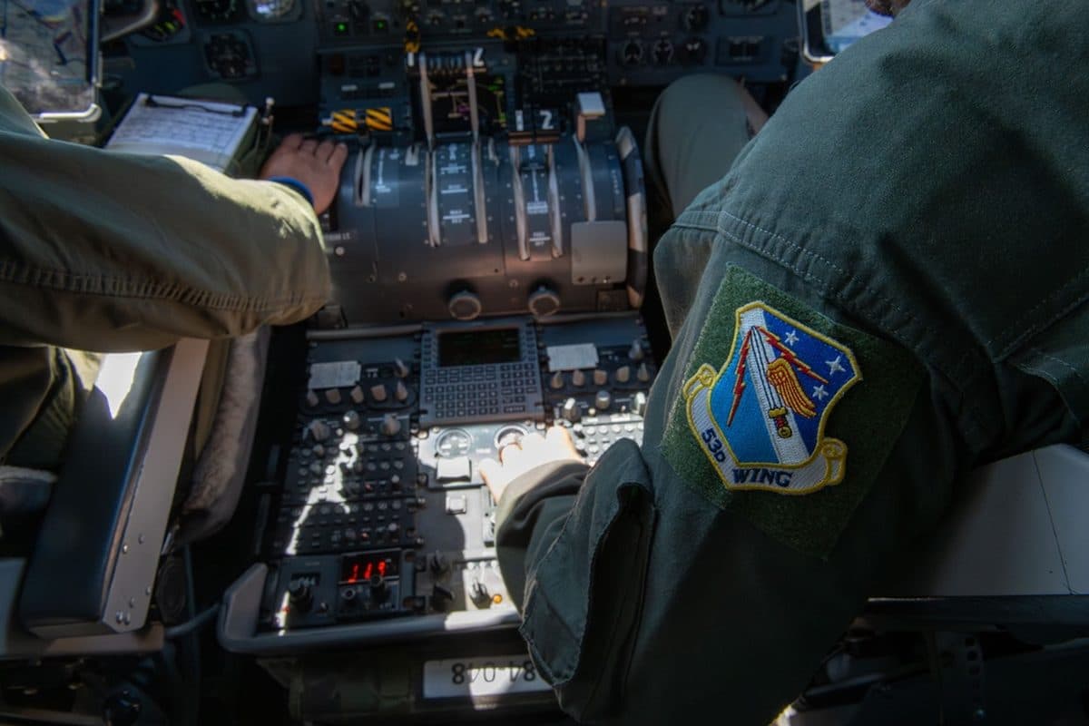 E-9A Widget surveillance aircraft in flight over the Gulf of Mexico