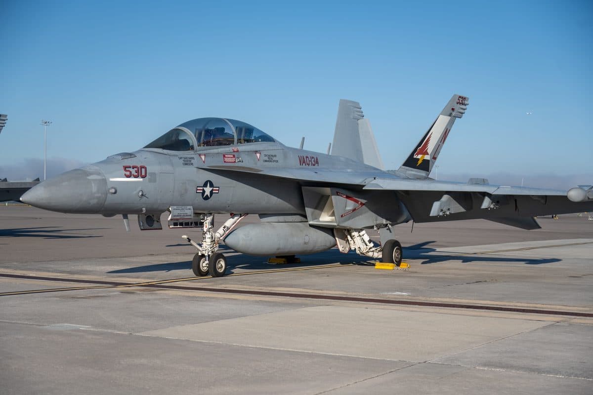 EA-18G Growler electronic warfare aircraft on a carrier flight deck