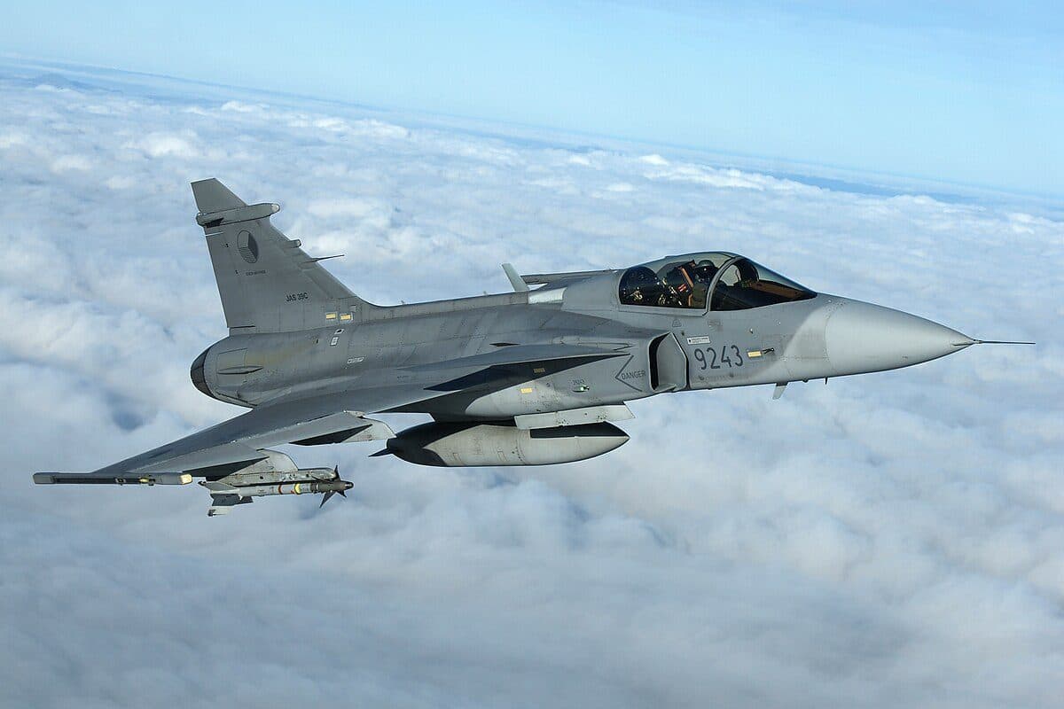 Saab JAS 39 Gripen fighter jet in flight showing its compact delta-canard design