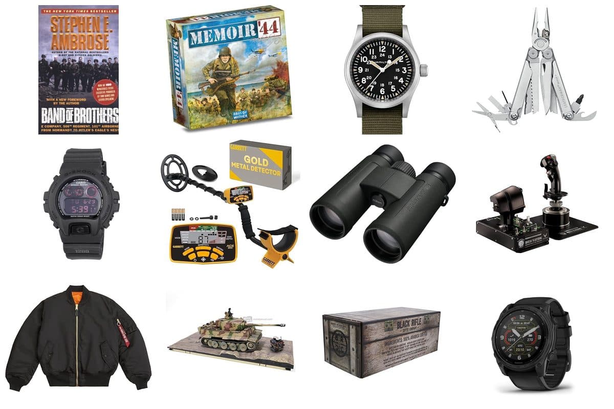 Father's Day gift collection for military enthusiasts including books, model kits, binoculars, and board games