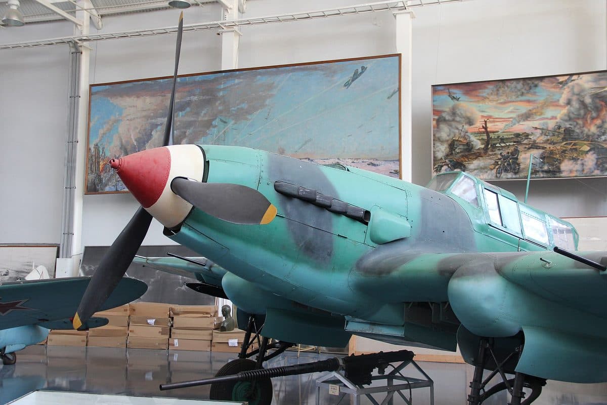 IL-2 Sturmovik ground-attack aircraft in flight showing its distinctive armored fuselage and wing-mounted cannons