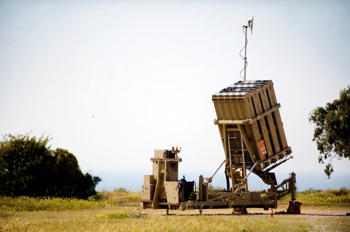 Iron Dome air defense battery deployed in the field with multiple Tamir missile launchers
