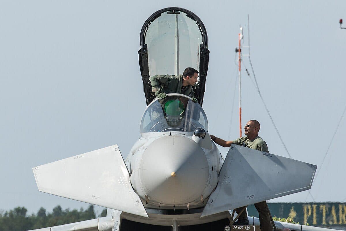 Close-up front view of a Eurofighter Typhoon showing its PIRATE IRST sensor mounted ahead of the windscreen