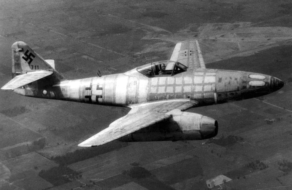 Messerschmitt Me 262 jet fighter on the ground showing its twin Jumo 004 jet engines and swept wings