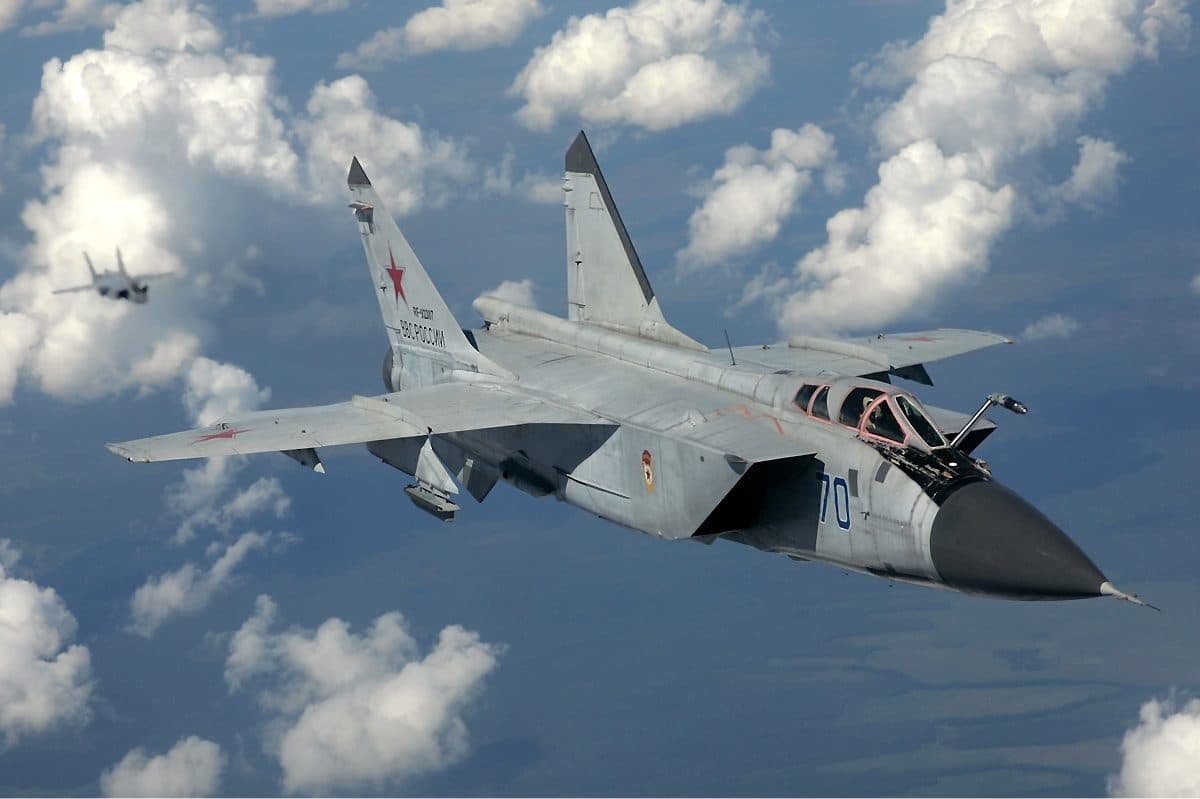 Russian Air Force MiG-31 Foxhound interceptor in flight showing its twin-engine configuration and large airframe