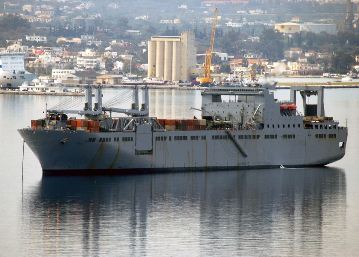 Military vehicles staged for loading aboard the MV Roy Benavidez, a Bob Hope-class roll-on/roll-off vehicle cargo ship at Newport News, Virginia