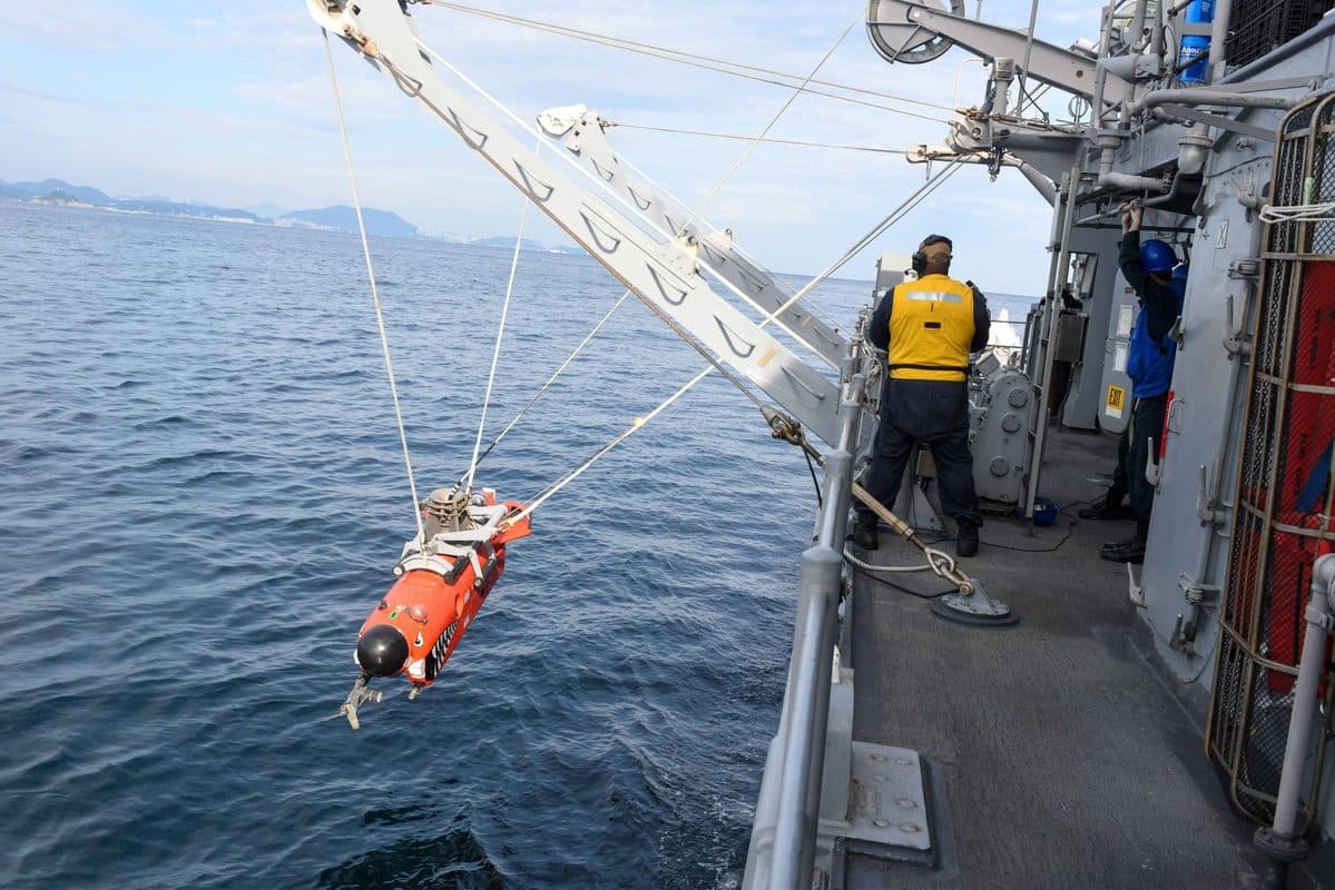 USS Warrior mine countermeasures ship at sea during multinational mine warfare exercise