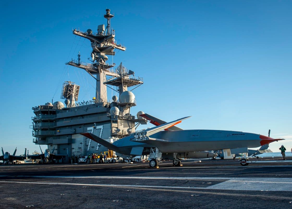 MQ-25 Stingray unmanned aerial refueling drone on the flight deck of an aircraft carrier