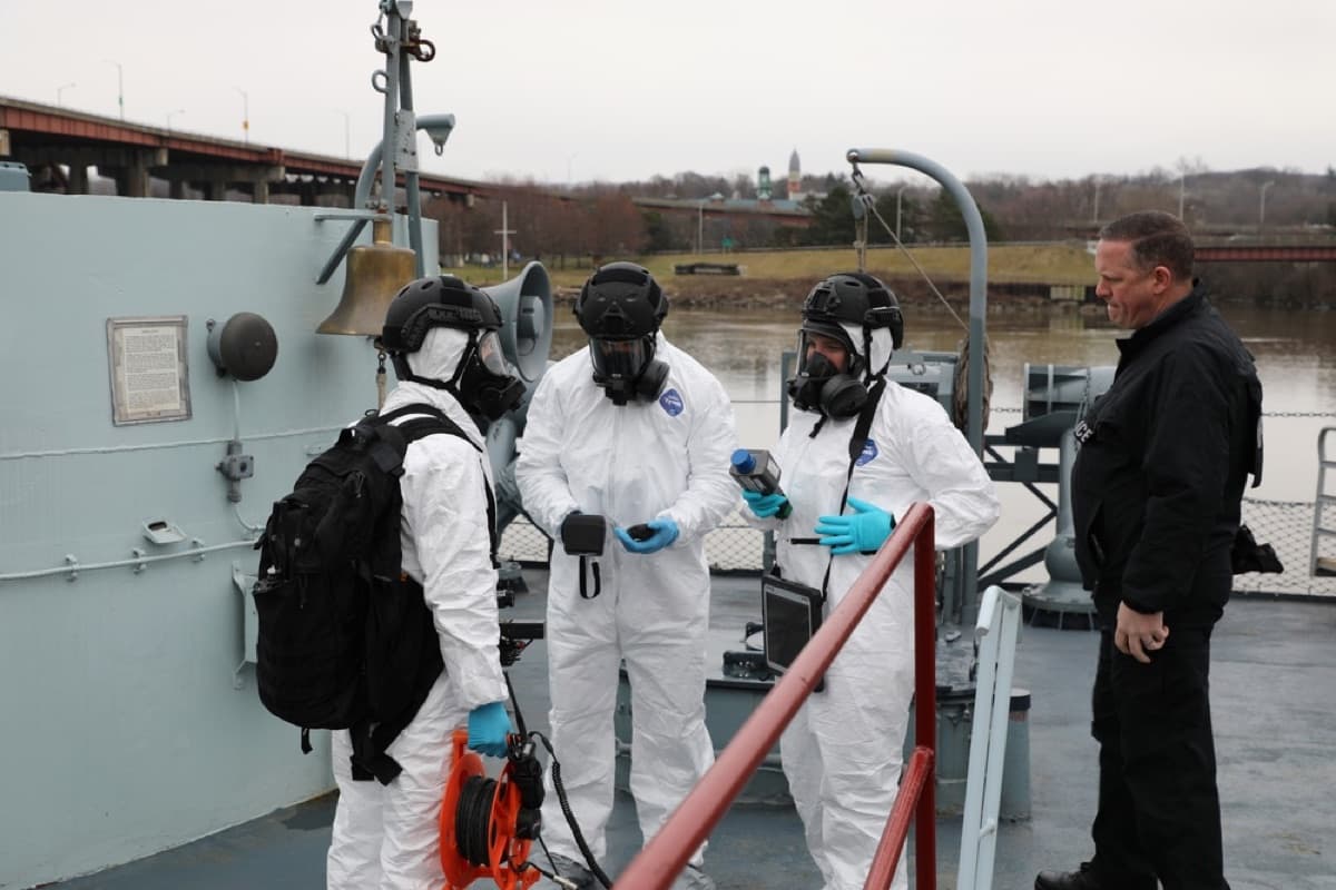 National Guard soldiers conducting a training exercise aboard the USS Slater museum ship