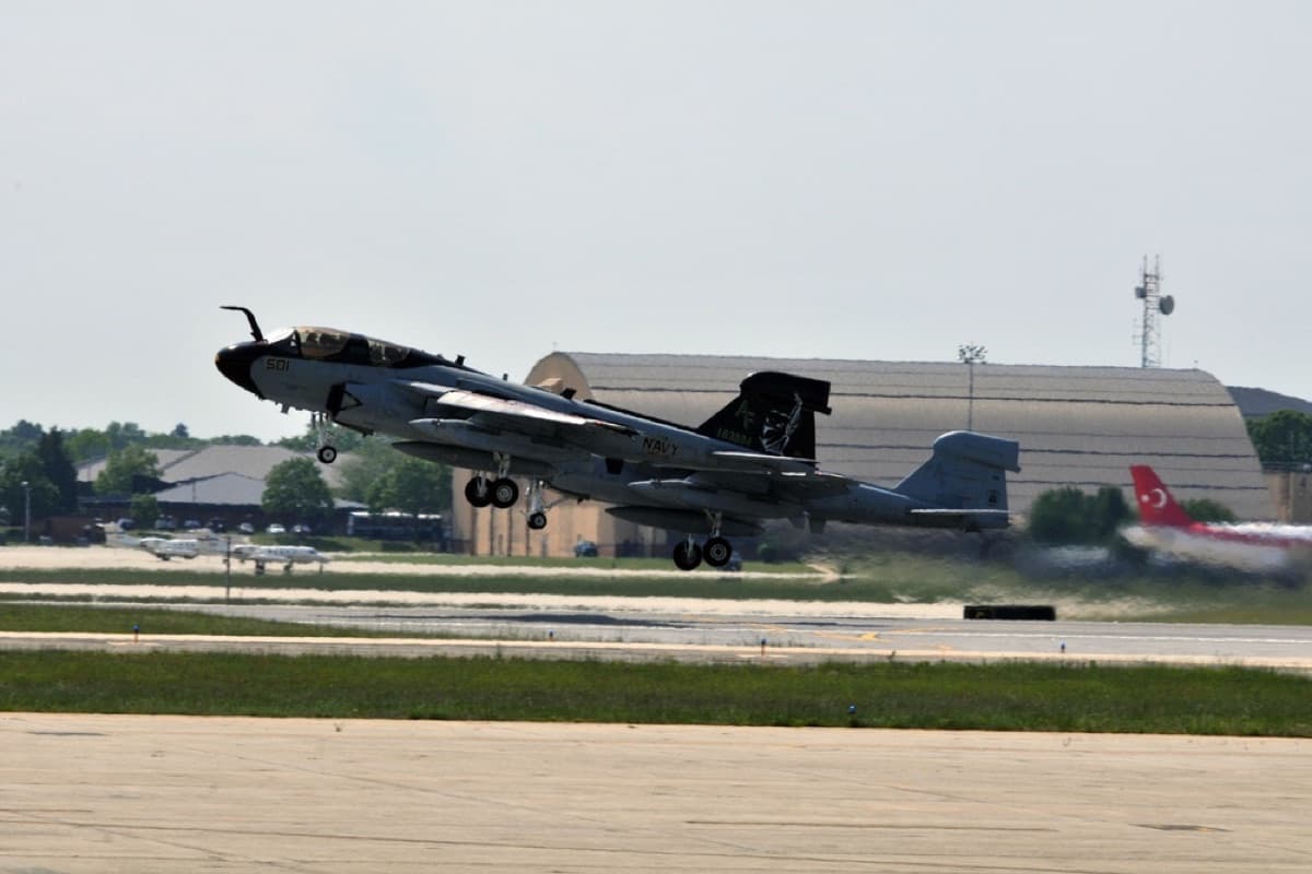Two EA-6B Prowlers from Tactical Electronic Attack Squadron VAQ-209 during their final flight