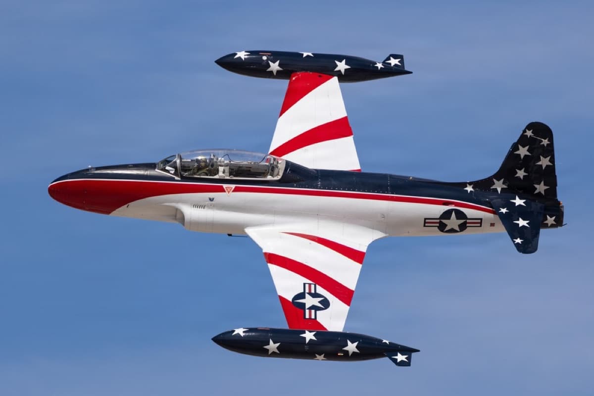 A T-33 Shooting Star flying over the Luke Days 2026 Airshow in Arizona