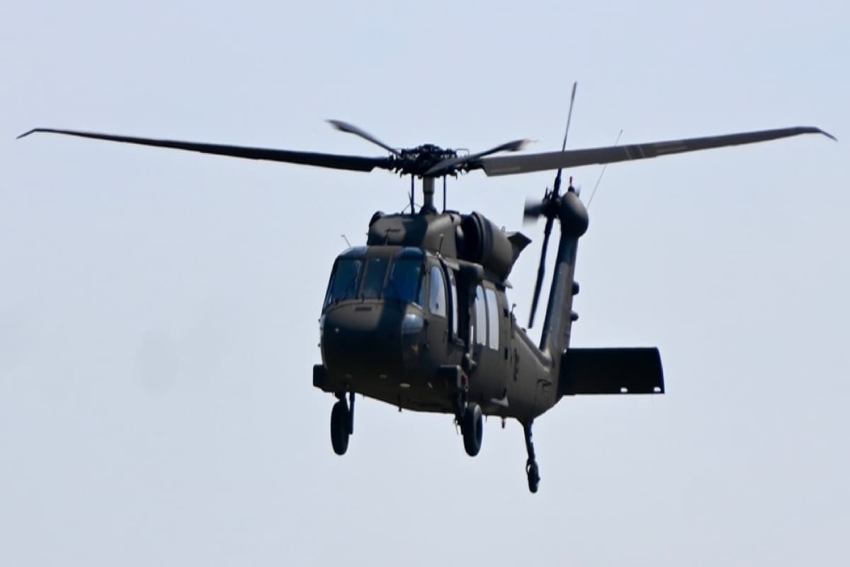 UH-60 Black Hawk helicopters flying in formation around Fort Indiantown Gap