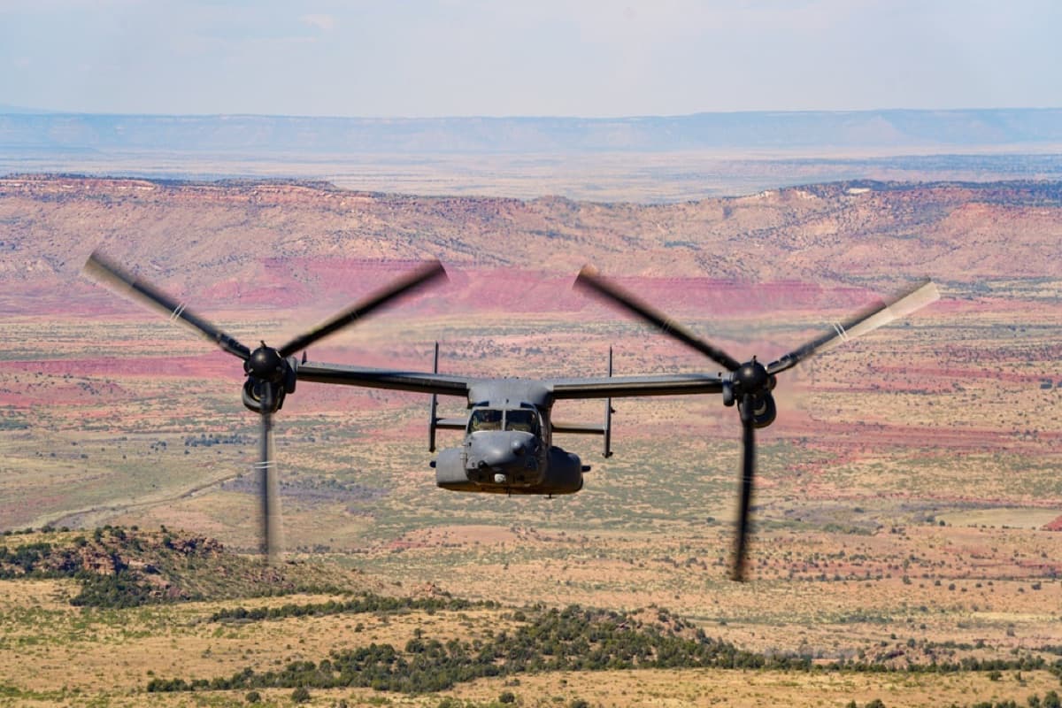 A CV-22 Osprey tiltrotor aircraft in flight during a training exercise over New Mexico