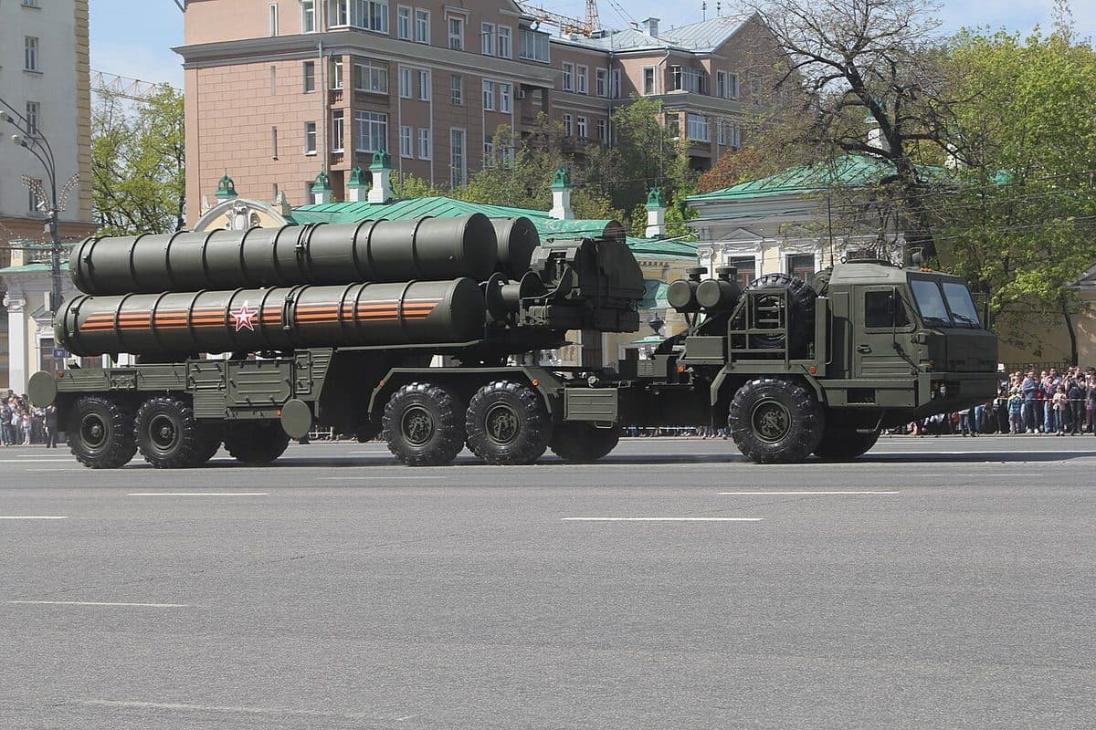 S-400 Triumf air defense system launcher vehicle with missile canisters in raised firing position