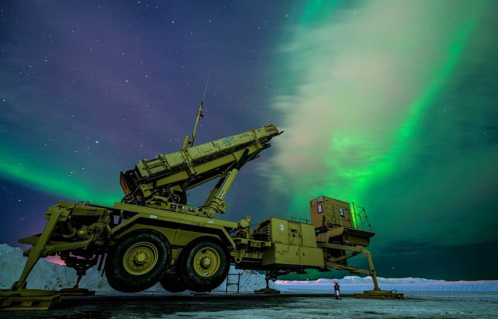 Patriot M903 launcher station illuminated by the northern lights during Exercise Arctic Edge 2022 at Eielson Air Force Base, Alaska