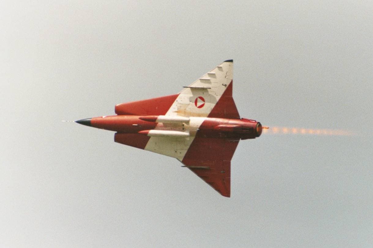 Saab J 35 Draken interceptor in flight showing its distinctive double-delta wing configuration