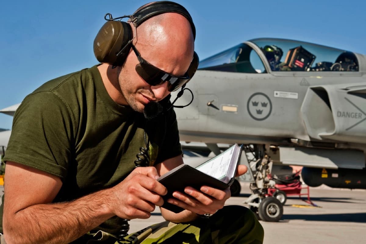 A Swedish JAS-39 Gripen fighter jet on the flight line during RED FLAG exercise at Nellis Air Force Base