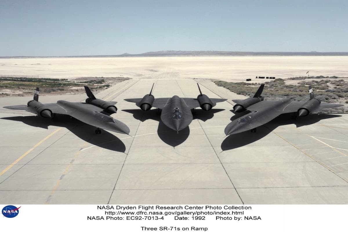 Three SR-71 Blackbird aircraft parked on the ramp at NASA Dryden Flight Research Center
