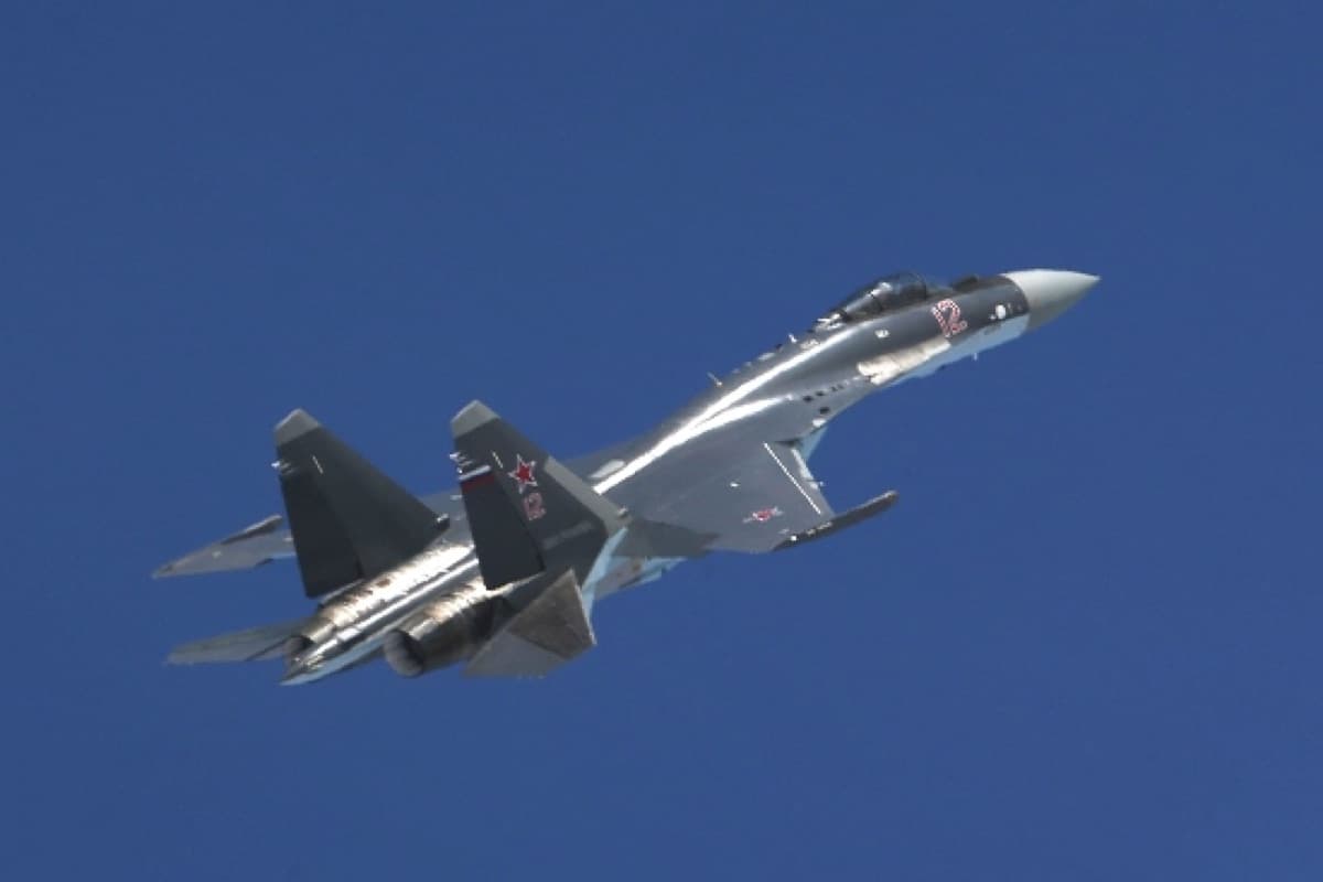 Sukhoi Su-35 multirole fighter aircraft displayed at an international air show
